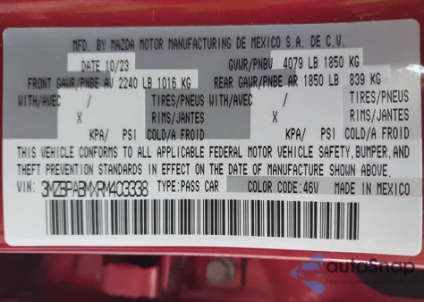 2024 Mazda Mazda3 2.5 S Select Sport z USA, uszkodzony, nr VIN 3MZBPABMXRM403338